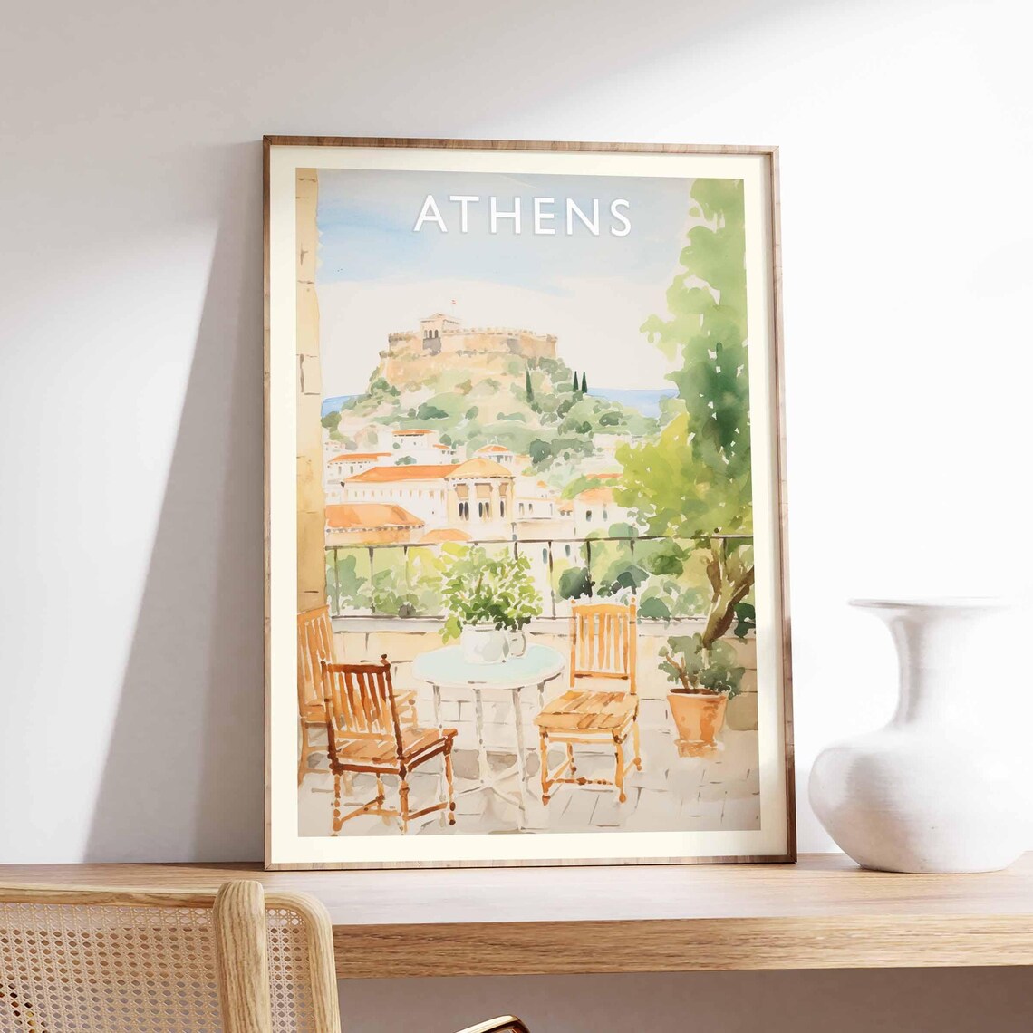 Athens Greece Watercolor Terrace Acropolis Hill View Travel Poster