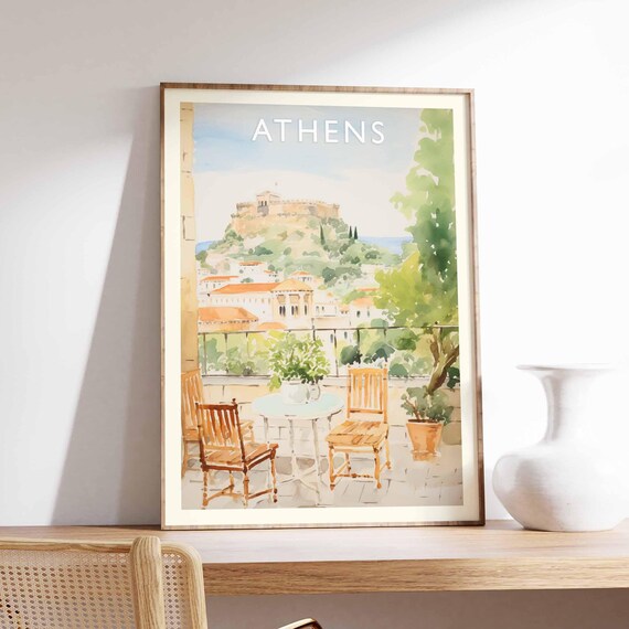 Athens Greece Watercolor Terrace Acropolis Hill View Travel Poster