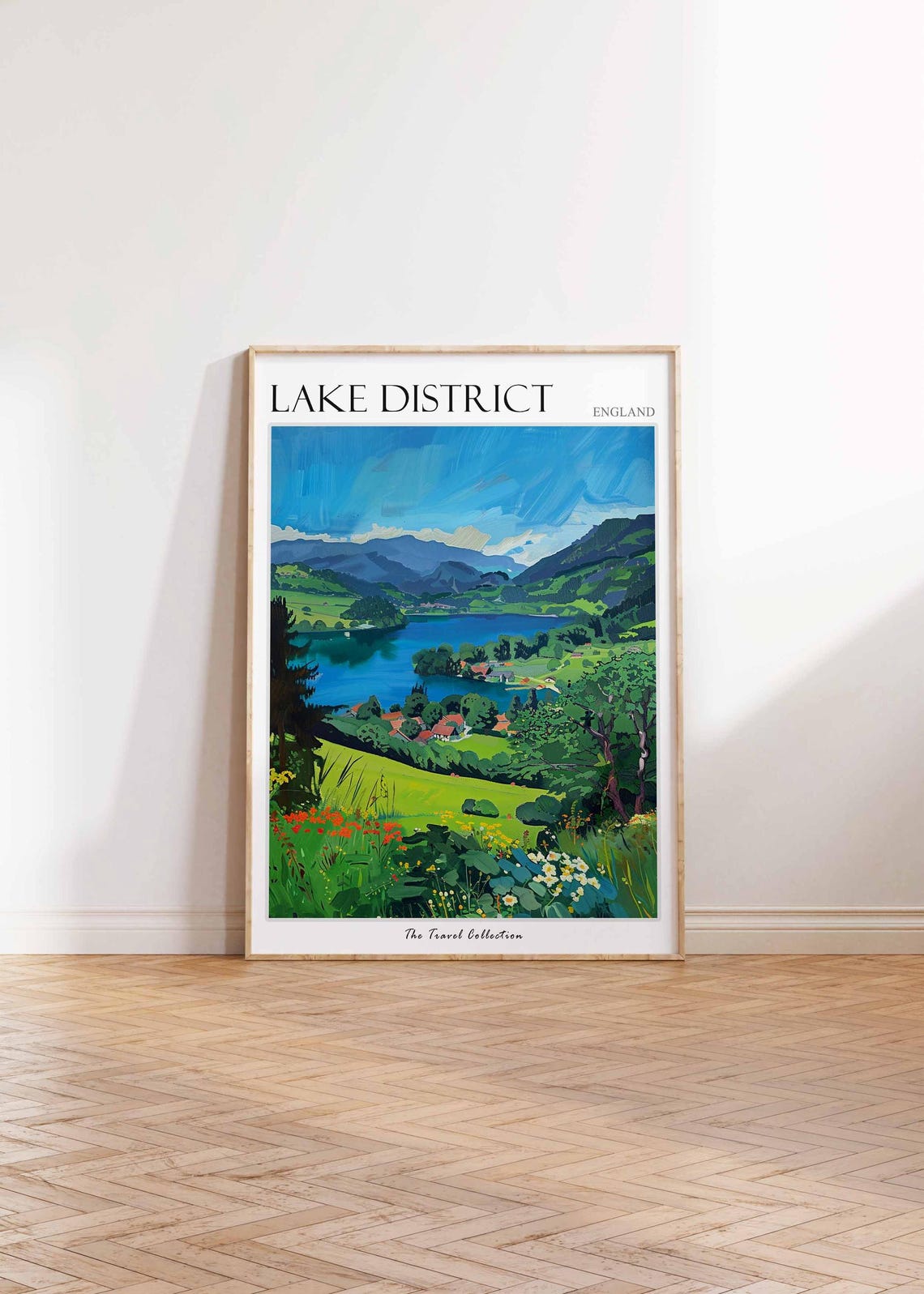 Lake District England Bold Impressionist Blue Lake Meadow Poster - Image 2