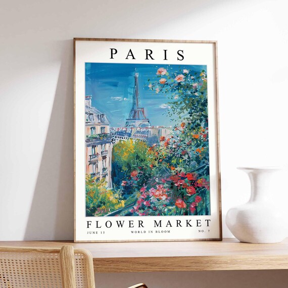 Paris Eiffel Tower Rooftops Blossom Garden Flower Market Art Poster