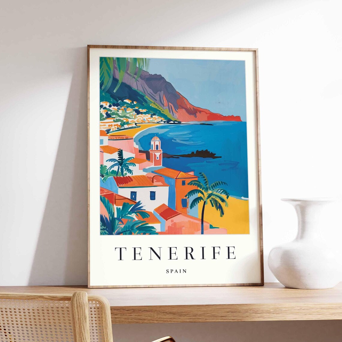 Tenerife Spain Bay Village and Volcanic Peaks Coastal Travel Poster