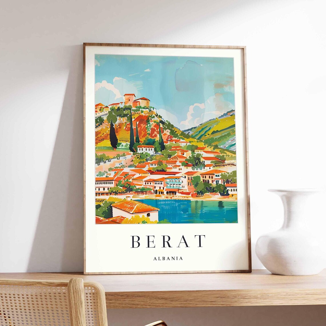 Berat Albania Vintage Castle Hill Riverside Panorama Travel Poster