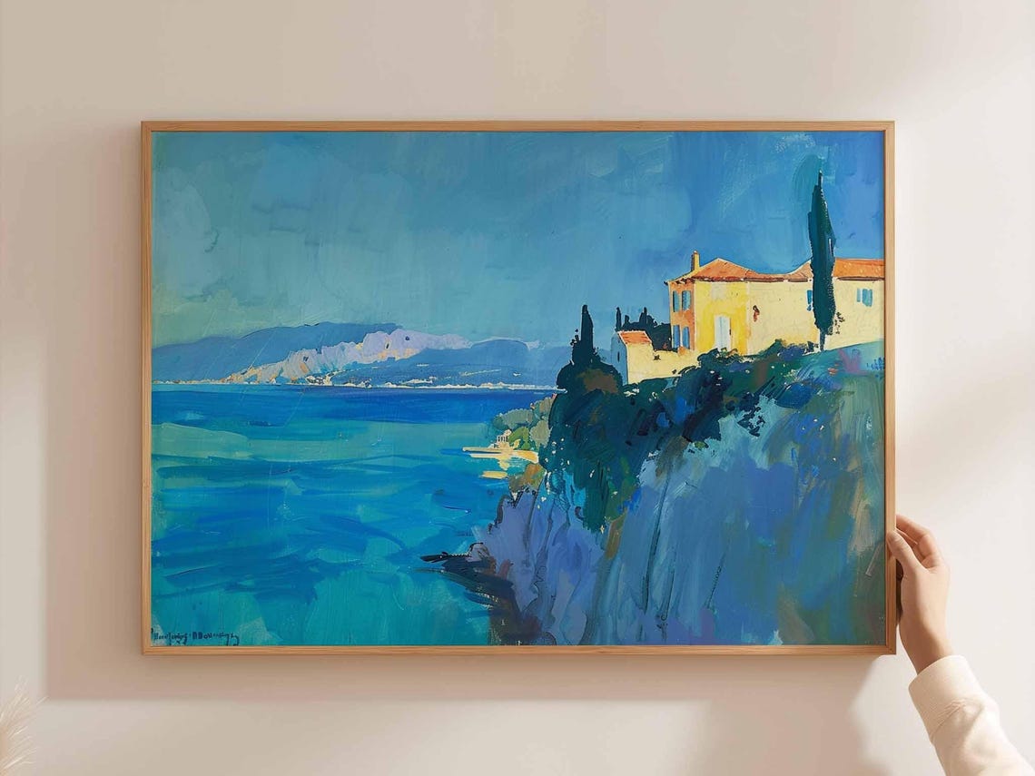 Corfu Greece Cliffside Villa Blue Ionian Sea Coastal Painting Poster