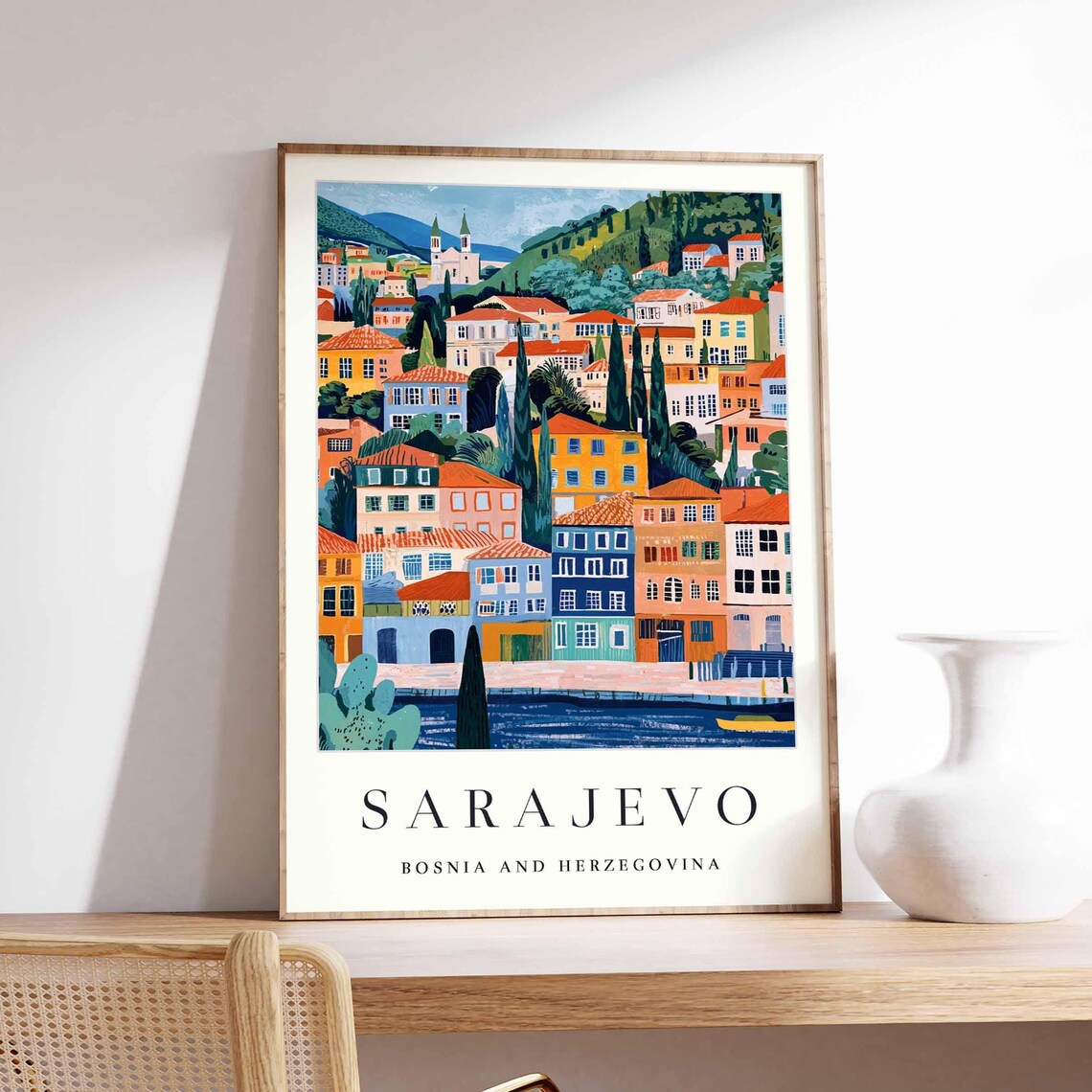 Sarajevo Bosnia Colorful Terraced Houses Waterfront Travel Poster Art