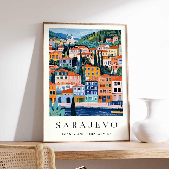 Sarajevo Bosnia Colorful Terraced Houses Waterfront Travel Poster Art