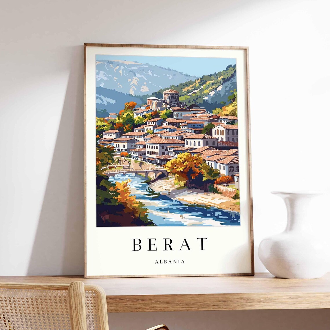 Berat Albania Autumn River Bridge Old Town City Travel Poster
