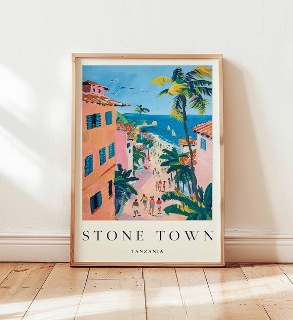 Stone Town Tanzania Busy Beach Street Colorful Travel Art Poster