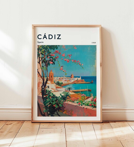 Cadiz Spain 1989 Poster with Harbor View and Bougainvillea Blooms