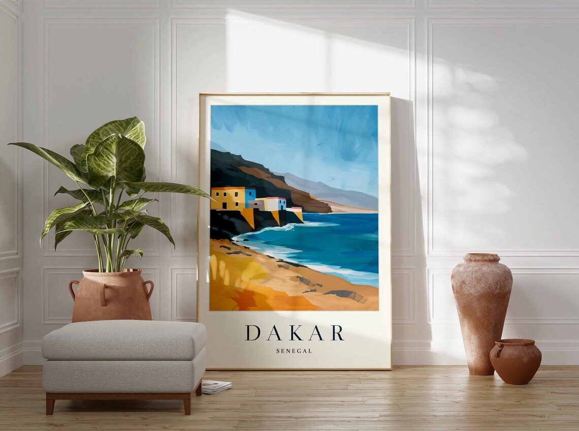 Dakar Senegal Colorful Coastal Village Blue Sea Flat Art Travel Poster - Image 3