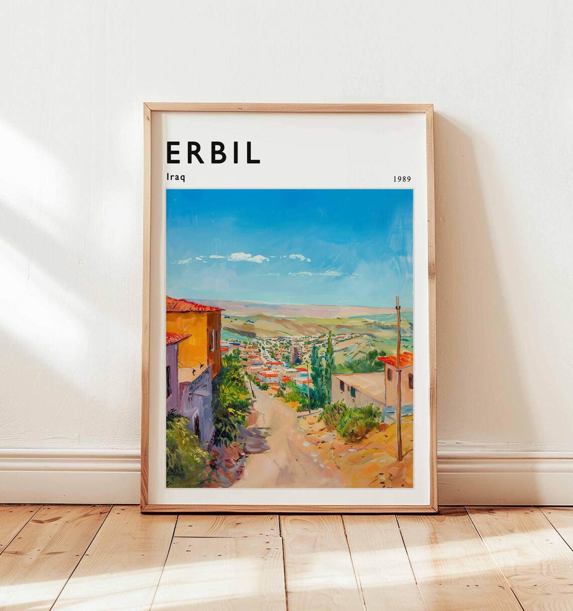 Erbil Iraq 1989 Sunlit Hillside Town Road Painterly Travel Poster