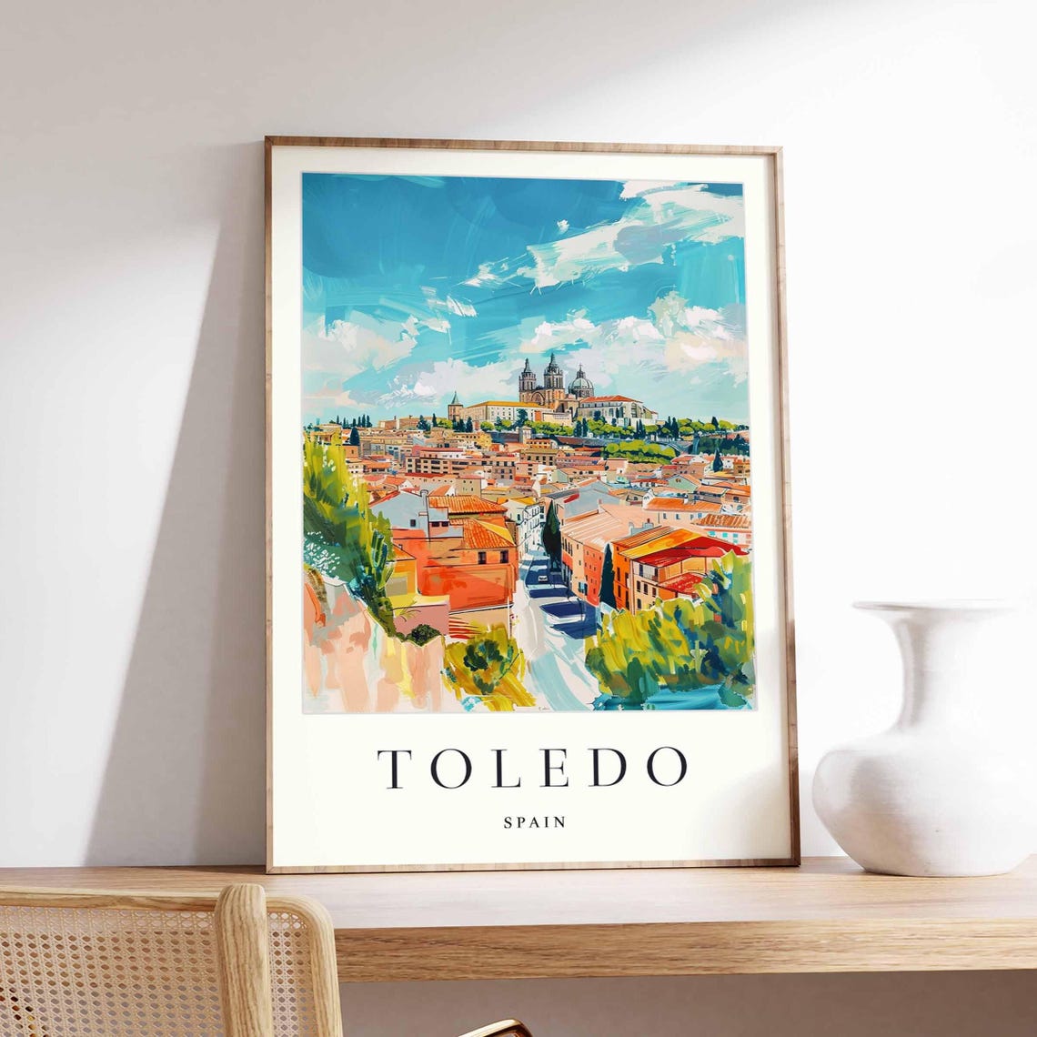 Toledo Spain Cathedral Hilltop Under Bright Blue Sky Travel Poster