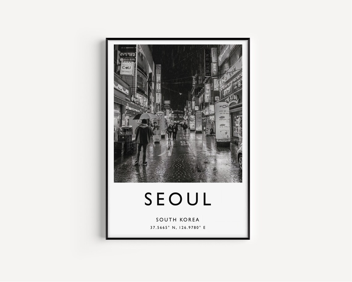 Seoul South Korea Rainy Night Neon Street Black White Photo Poster - Image 3