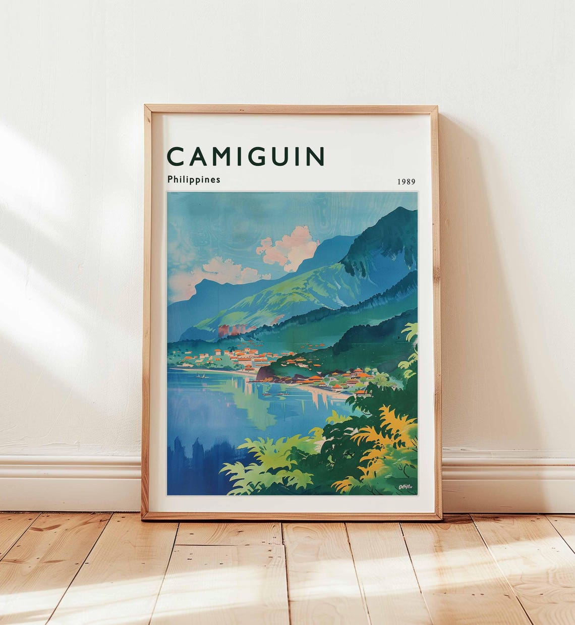 Camiguin Philippines 1989 Coastal Volcano Town Watercolor Poster