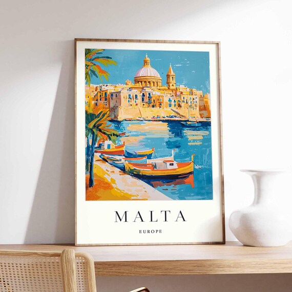 Malta Golden Harbor Cathedral Colorful Fishing Boats Travel Art Poster