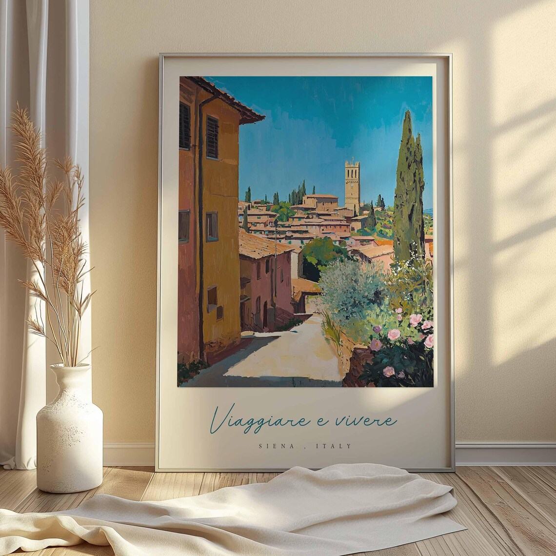 Siena Italy Sunny Alley Pink Roses Cypress Tower View Travel Poster - Image 2