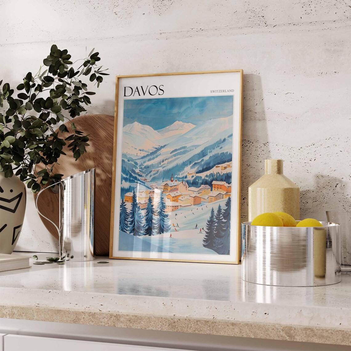 Davos Switzerland Alpine Town Church Steeple Skiers Winter Art Poster - Image 2
