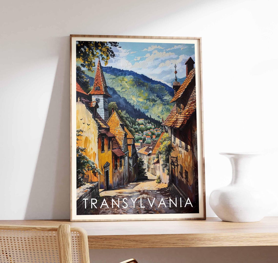 Transylvania Romania Painterly Cobblestone Old Village Street Poster