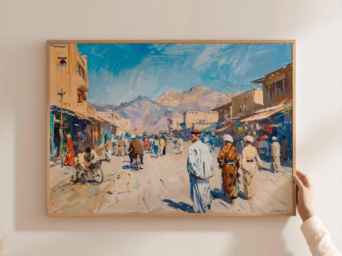 Bustling Middle Eastern Bazaar Street Market Scene Art Poster