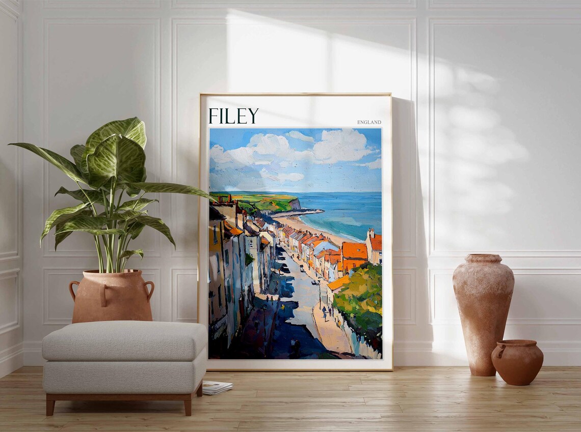 Filey England Steep Street Red Roofs Beach Headland Painting Poster - Image 3