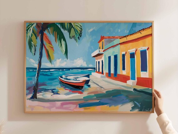 Tropical Island Beach Street Painting Colorful Caribbean Style Wall Art
