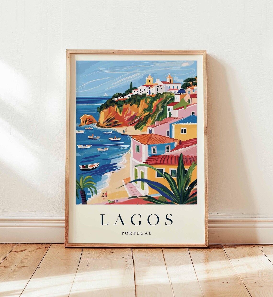 Lagos Portugal Colorful Harbor Boats Beach Town Travel Poster