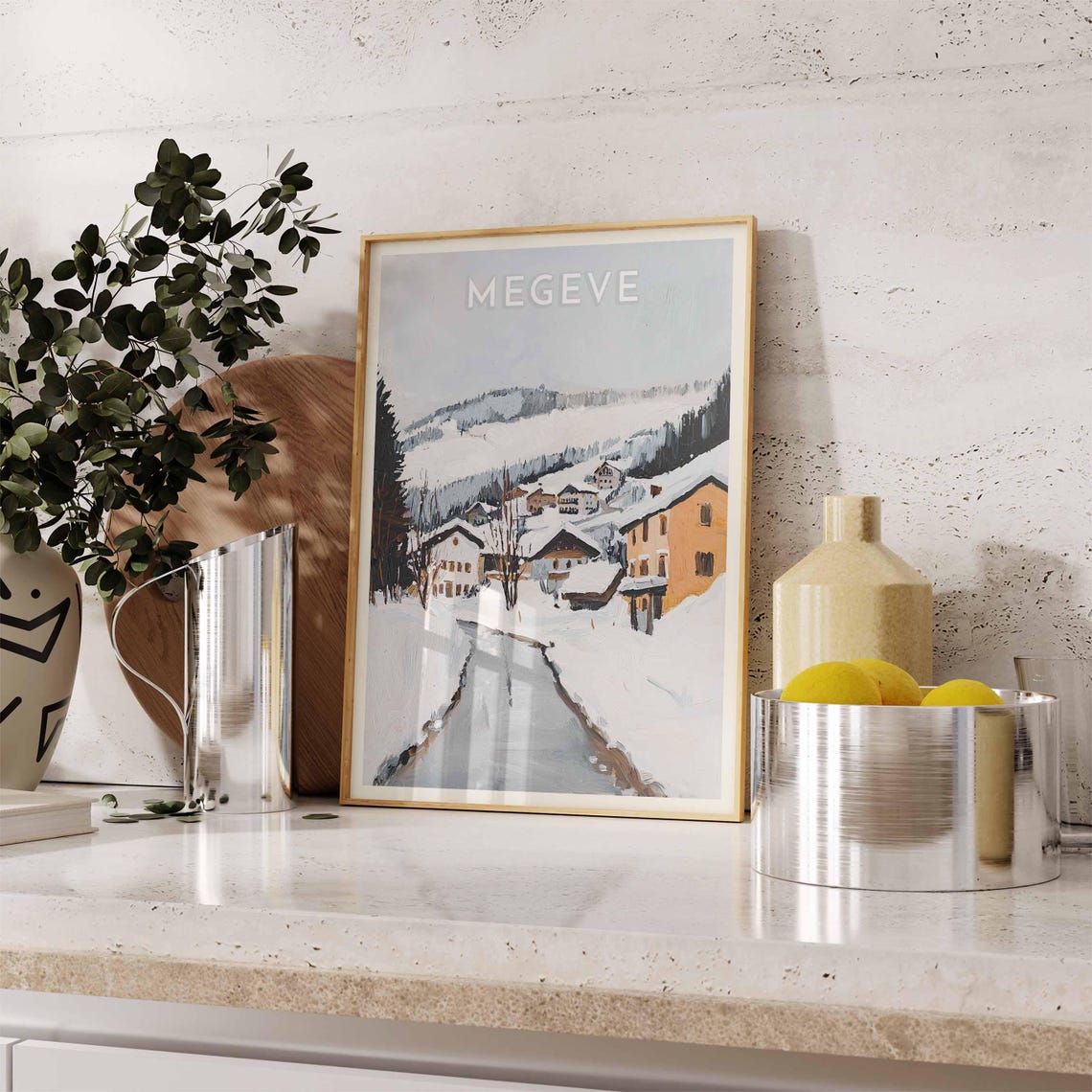 Megeve Overcast Alpine Street Chalets Quiet Winter Art Poster - Image 2