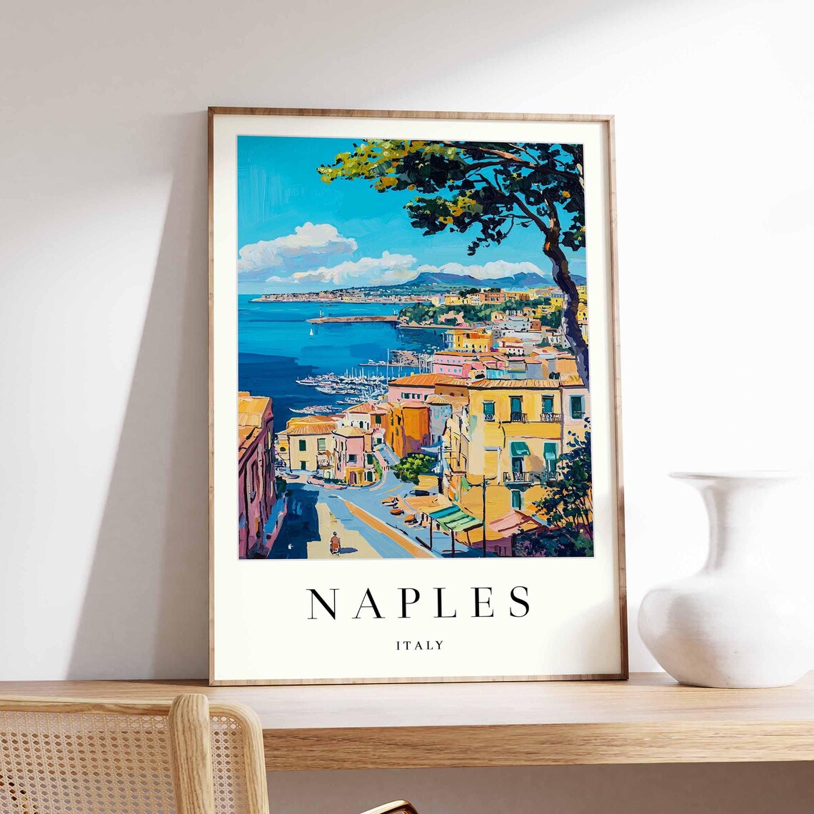 Naples Italy Sparkling Harbor View Framed By Tree Travel Poster