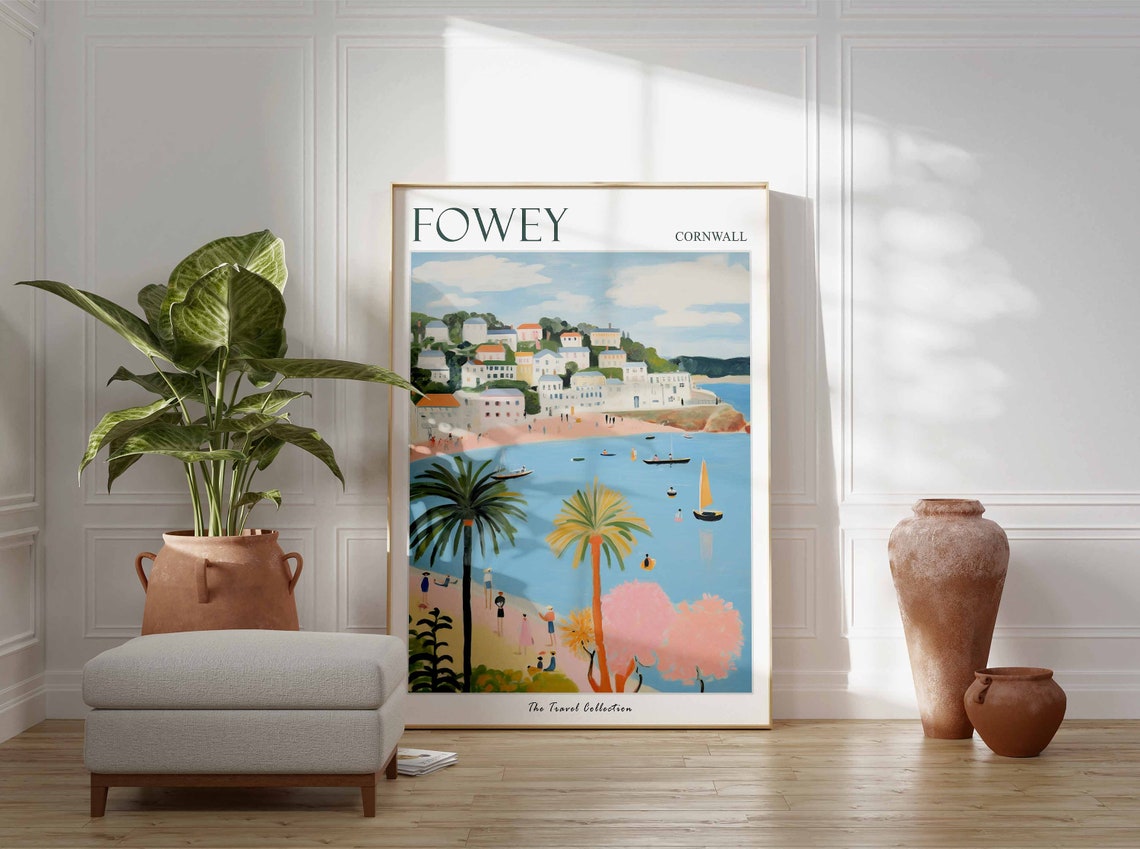 Fowey Cornwall Palm Trees across the Harbour Vintage Travel Poster - Image 3