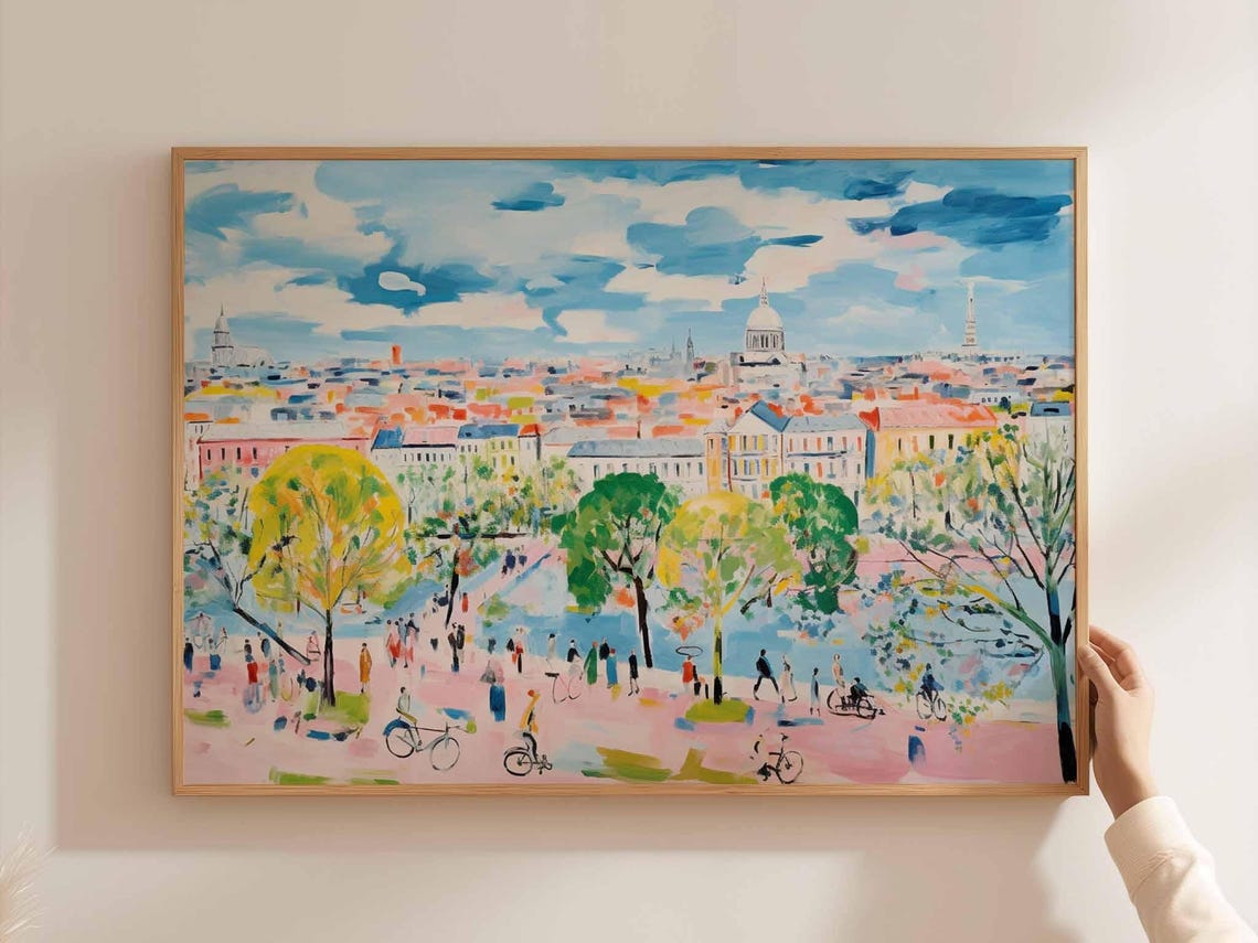 Pastel City Park Strollers Skyline Colorful Painting Art Poster