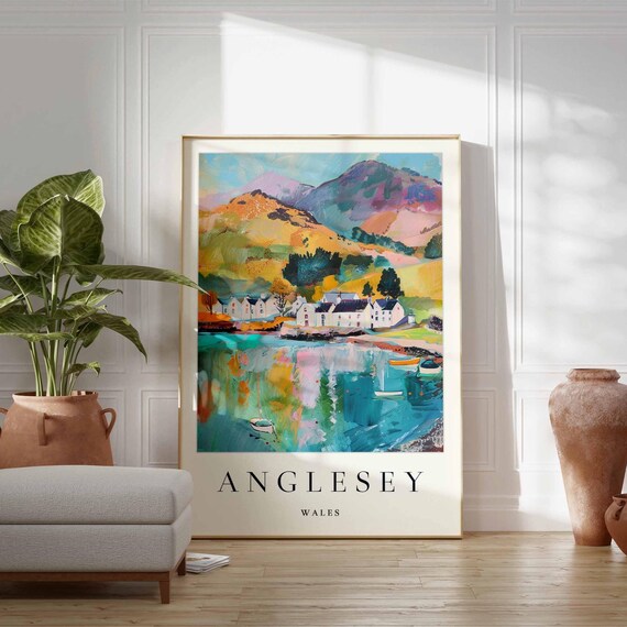 Anglesey Wales Waterfront Cottages Boats Colorful Art Poster