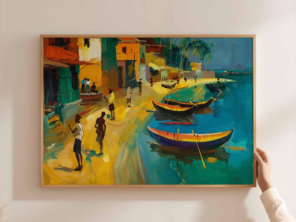 Bangladesh Fishing Village Harbor Scene Poster with Boats and Figures