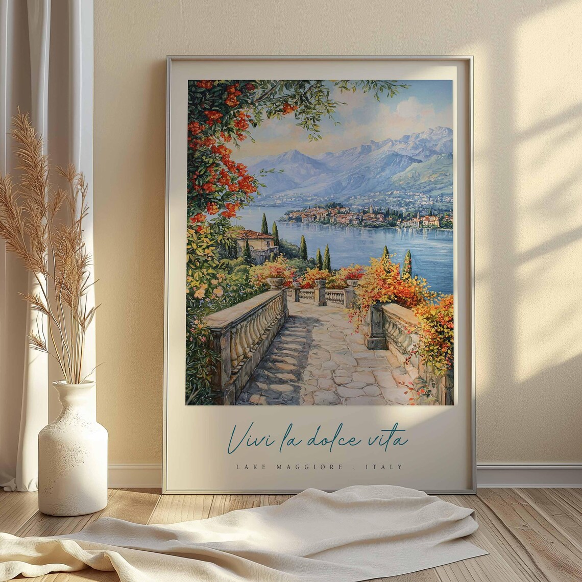 Lake Maggiore Garden Terrace Bougainvillea Watercolor Lake View Poster - Image 2
