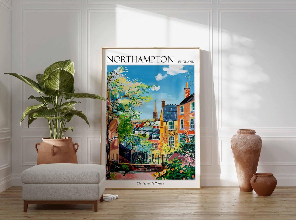 Northampton England Colorful Garden Houses Church Spire Travel Poster - Image 2