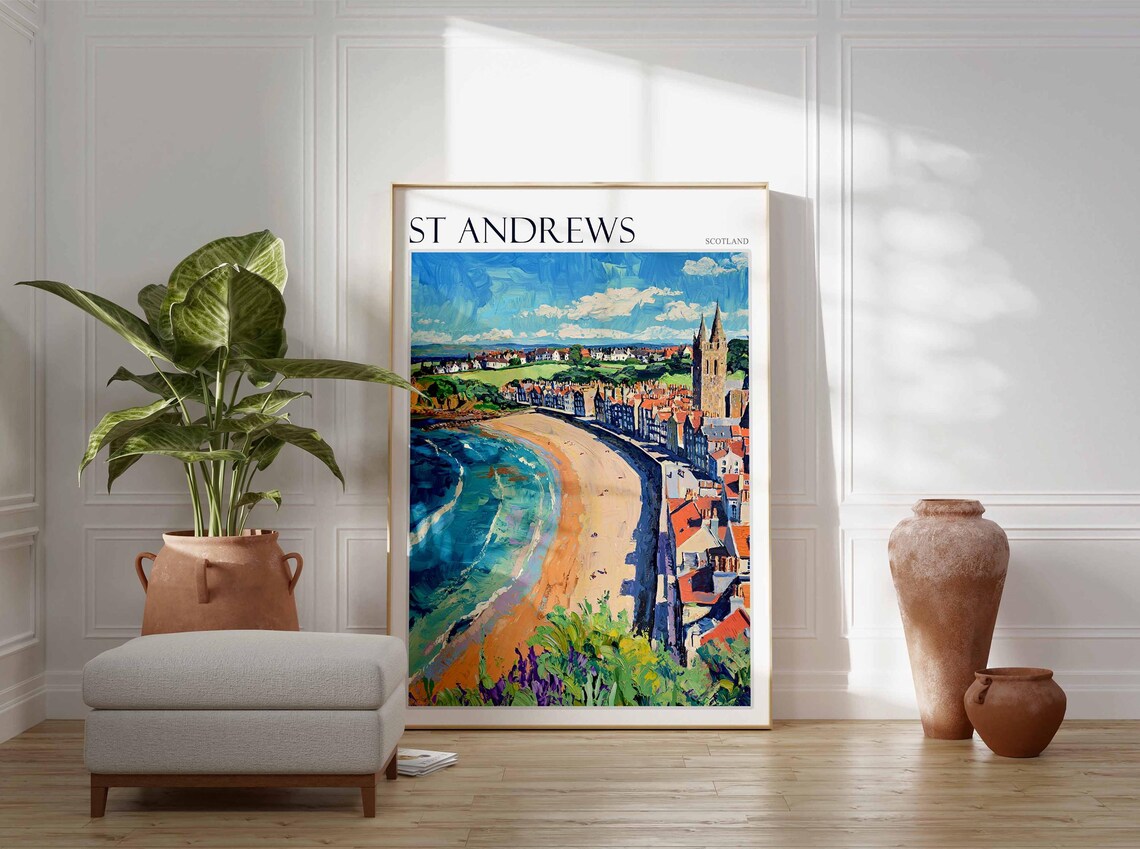 St Andrews Scotland Curved Beach Church Spire Flower Painting Poster - Image 2