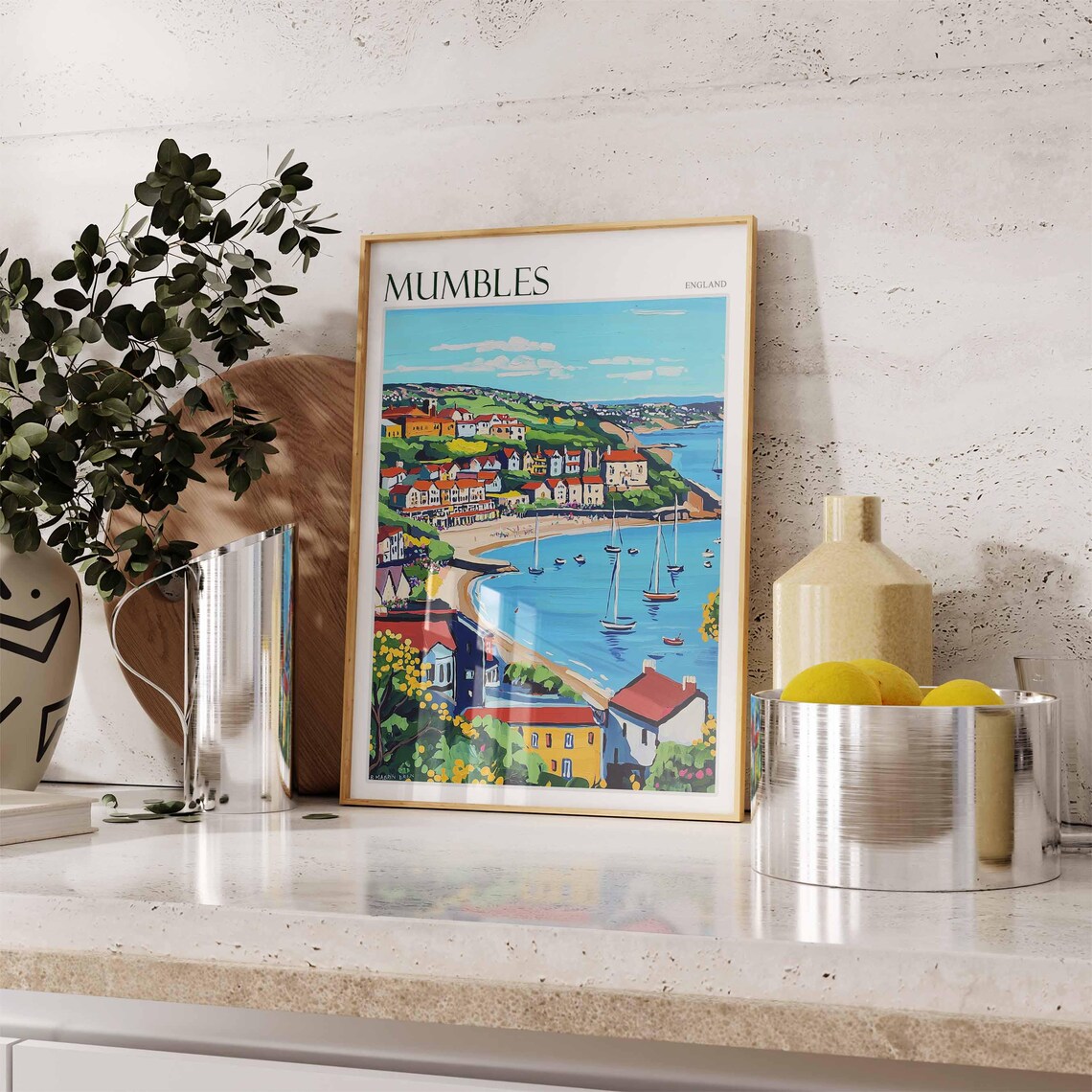 Mumbles Colorful Coastal Bay Sailboats England Travel Poster - Image 2