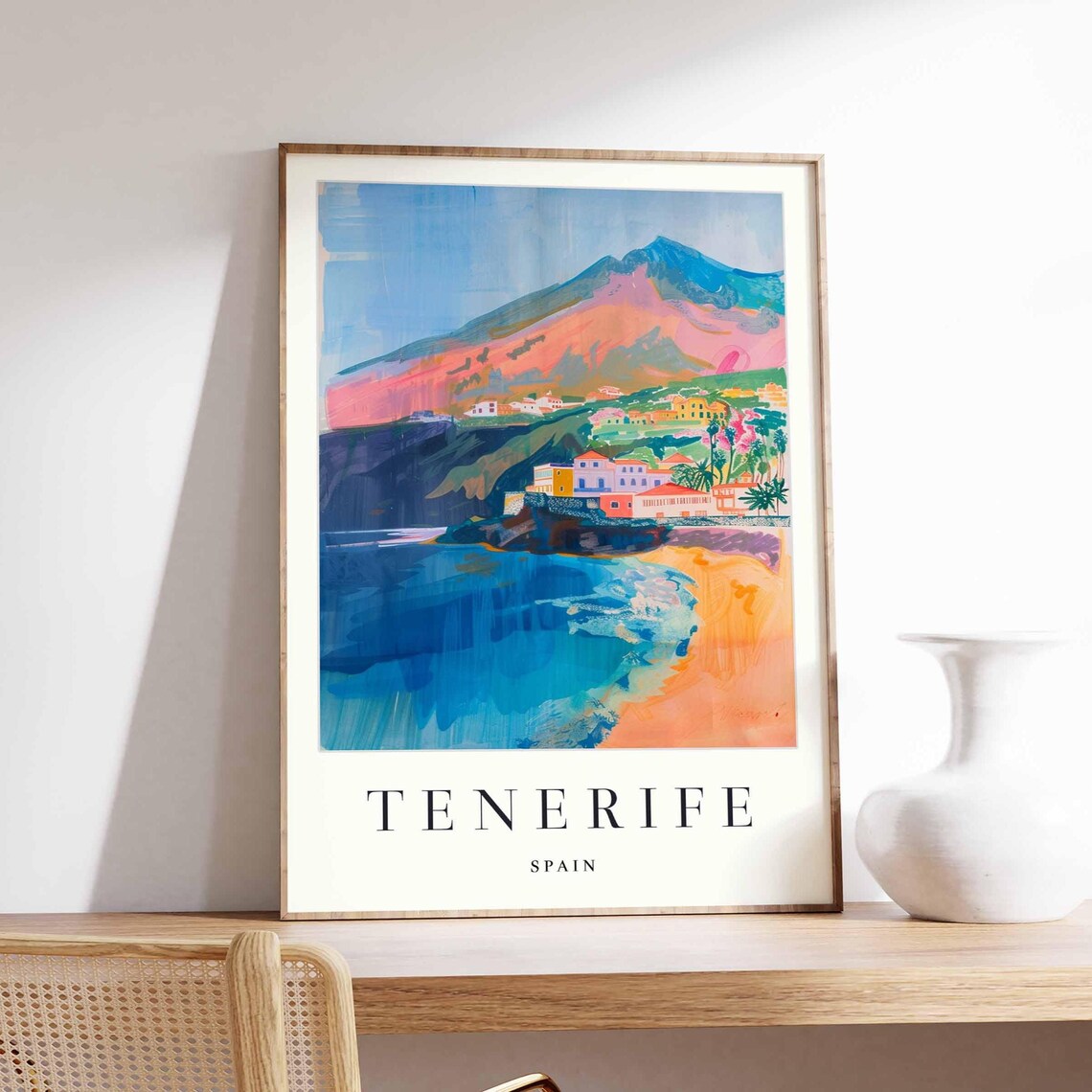 Tenerife Spain Colorful Coastal Village and Beach Watercolor Poster