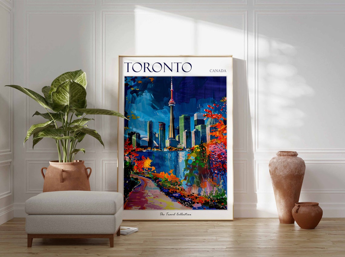 Toronto Canada CN Tower Skyline Autumn Trees Colorful Art Poster - Image 3