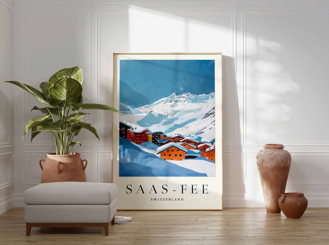 Saas Fee Switzerland Snow Covered Chalets Alpine Peaks Winter Poster - Image 3