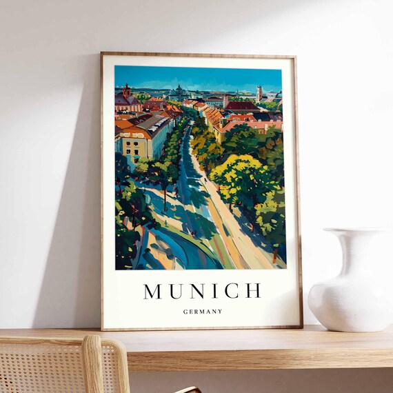 Munich Germany Aerial Cityscape Red Rooftops Modern Travel Poster