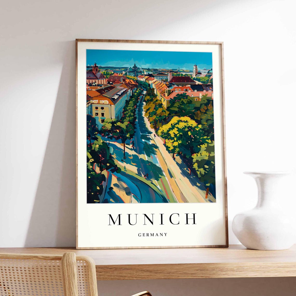 Munich Germany Aerial Cityscape Red Rooftops Modern Travel Poster