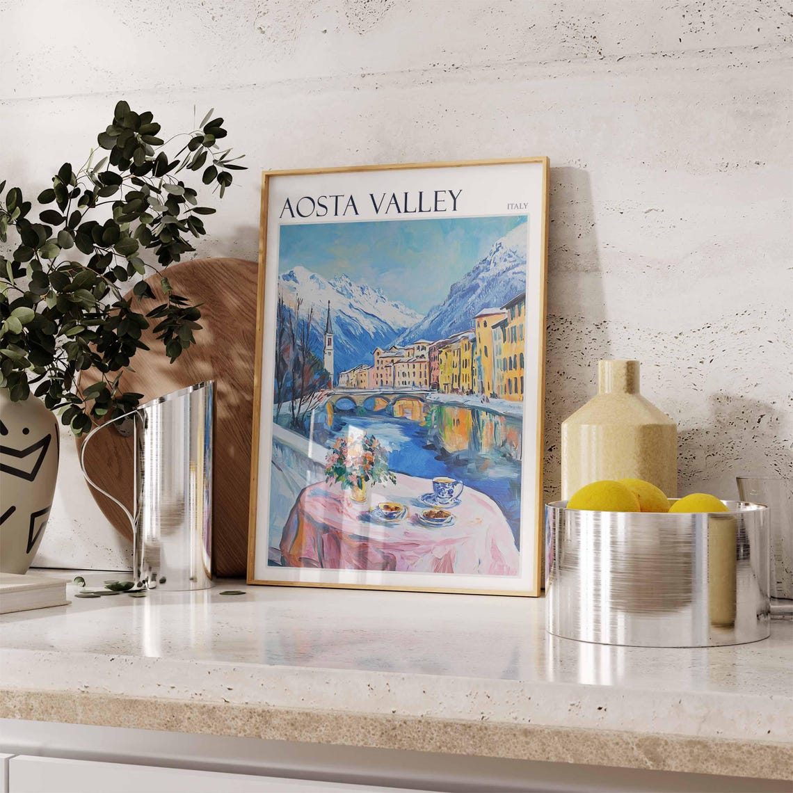 Aosta Valley Italy Snow Peaks River Terrace Coffee View Poster - Image 2
