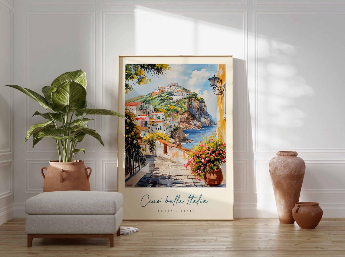 Ischia Italy Cliffside Village Flowering Stone Steps Lantern Poster - Image 3