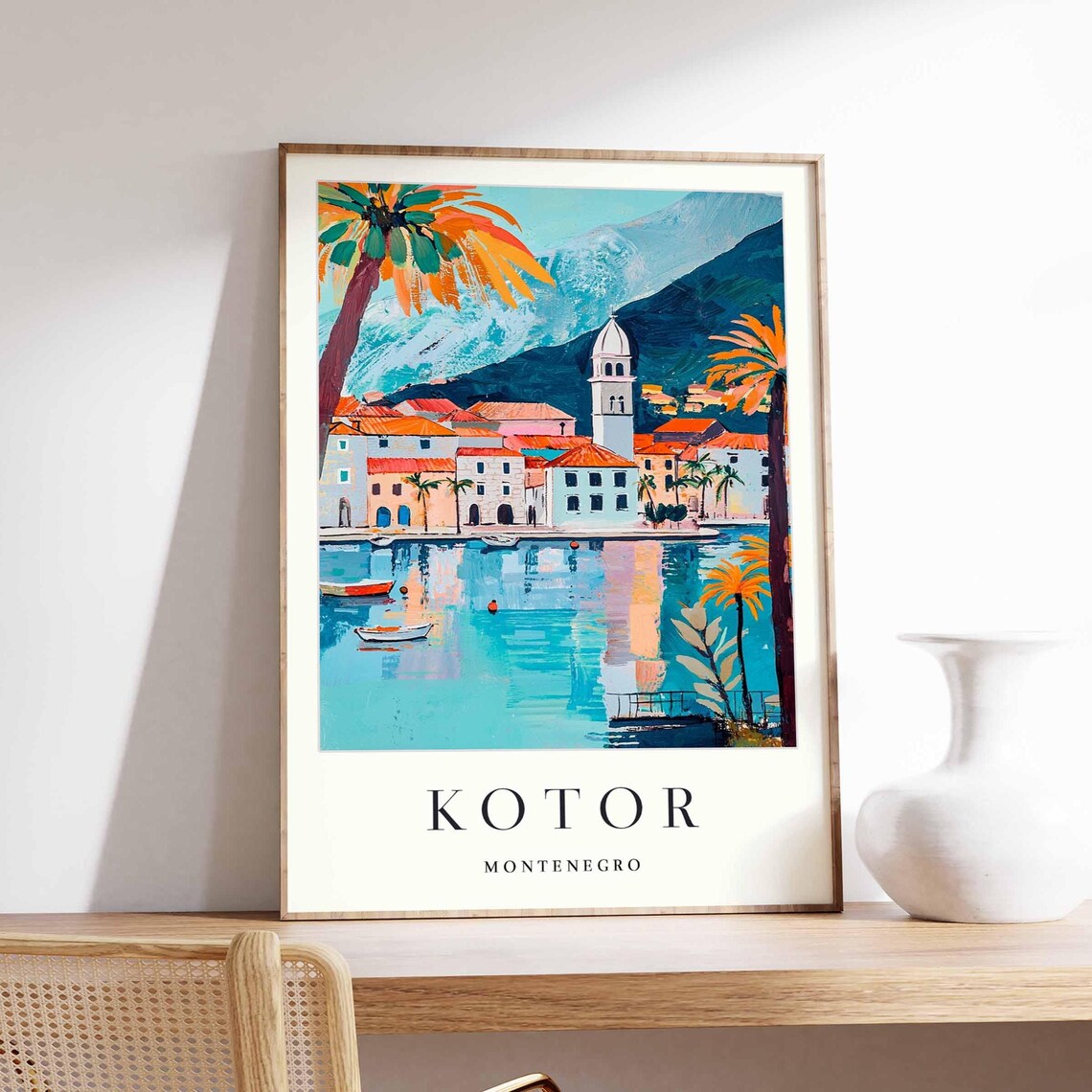 Kotor Montenegro Bay Waterfront Palm Trees Church Tower Poster