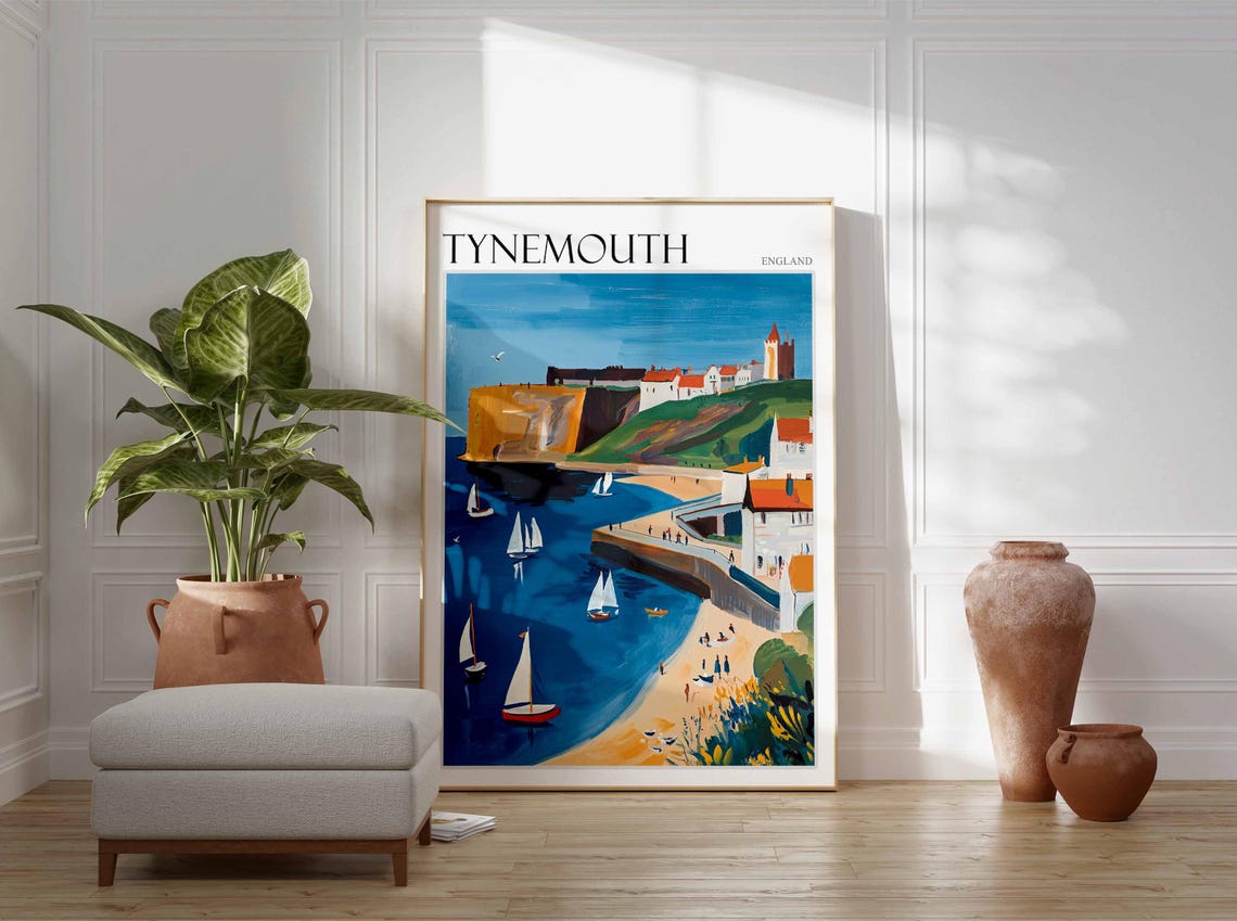 Tynemouth Sailboats Pier Golden Cliffs Castle View Art Poster - Image 2