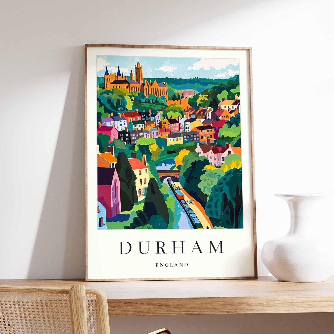 Durham England Cathedral City River Bridge Colorful Art Poster