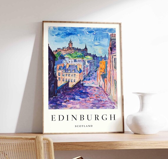 Edinburgh Cobbled Street Watercolor Castle Blue Sky Scene Poster
