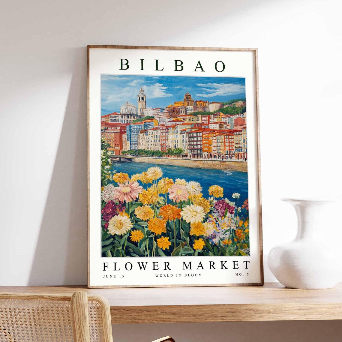 Bilbao Flower Market River Daisy Yellow Pink Bloom Travel Poster