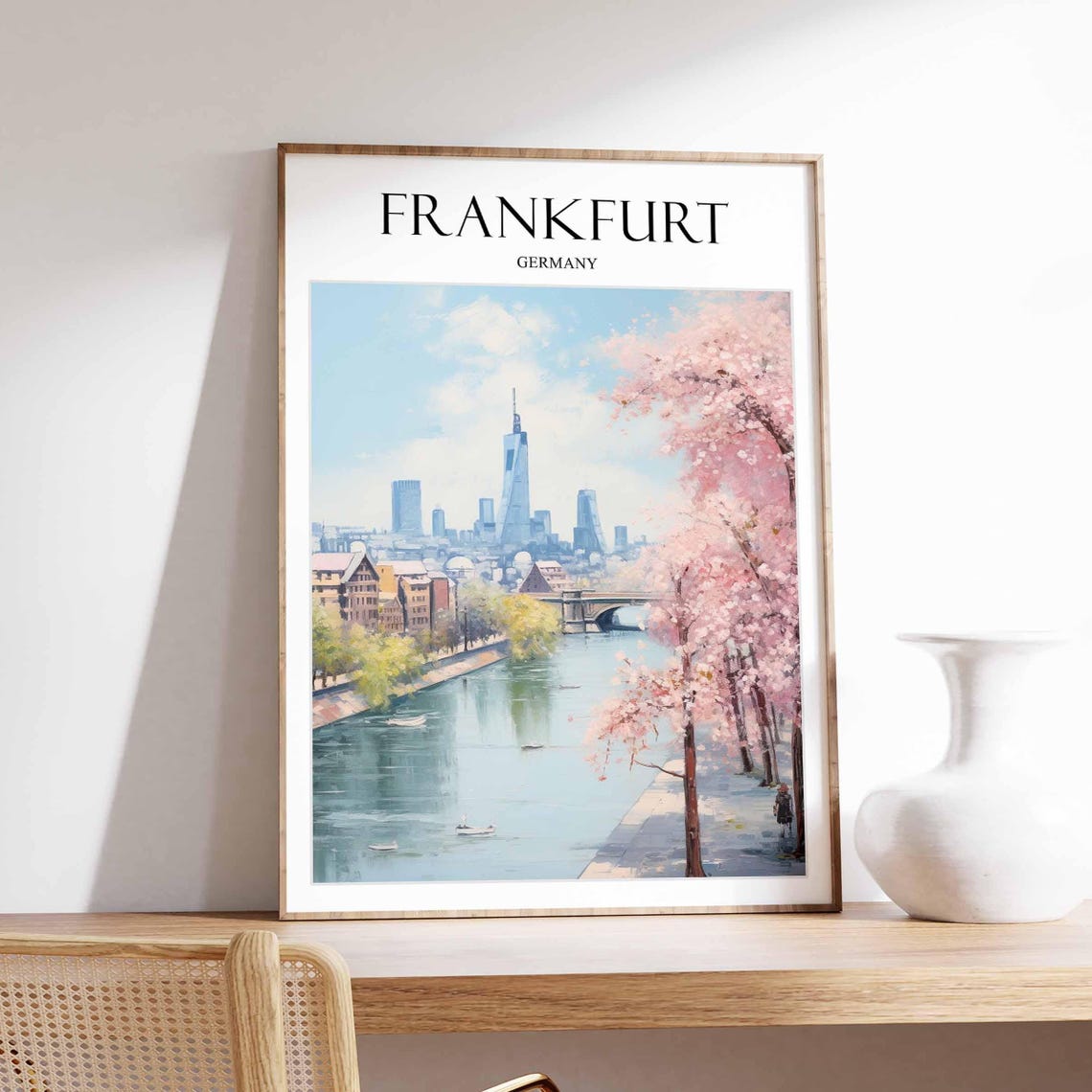 Frankfurt Germany Skyline River Cherry Blossom Travel Poster