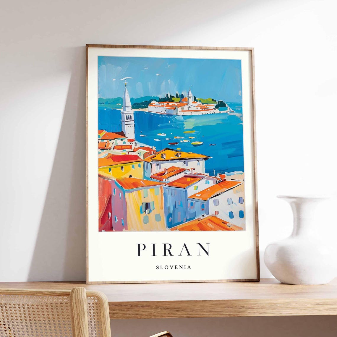 Piran Slovenia Aerial Peninsula View Orange Rooftops Bay Boats Poster