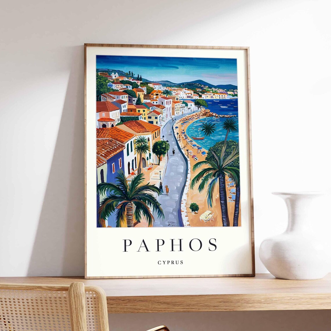 Paphos Cyprus Palm Lined Beach Promenade Coastal Art Travel Poster